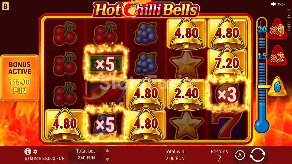 Ronda de giros gratis de Hot Chilli Bells con multiplicadores activos