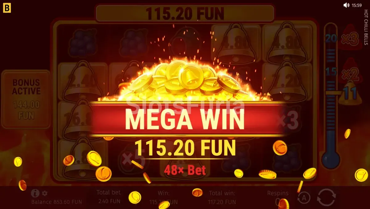 Gran victoria en Hot Chilli Bells con multiplicador máximo activo
