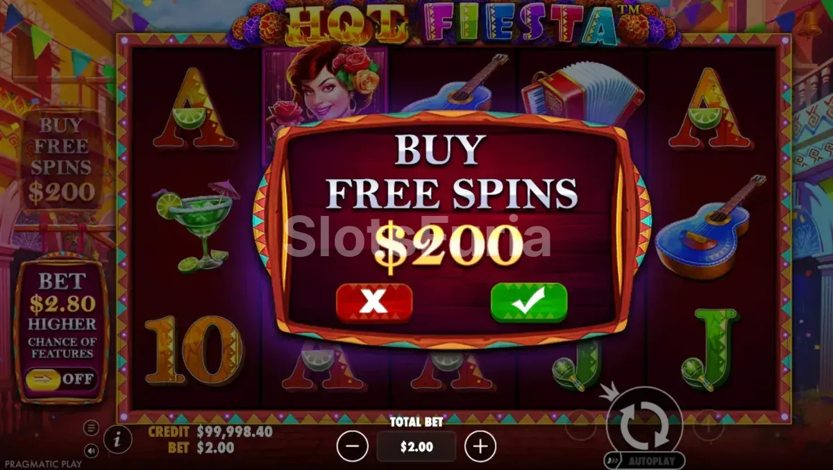 Pantalla de compra de bono de Hot Fiesta con el costo de 100x