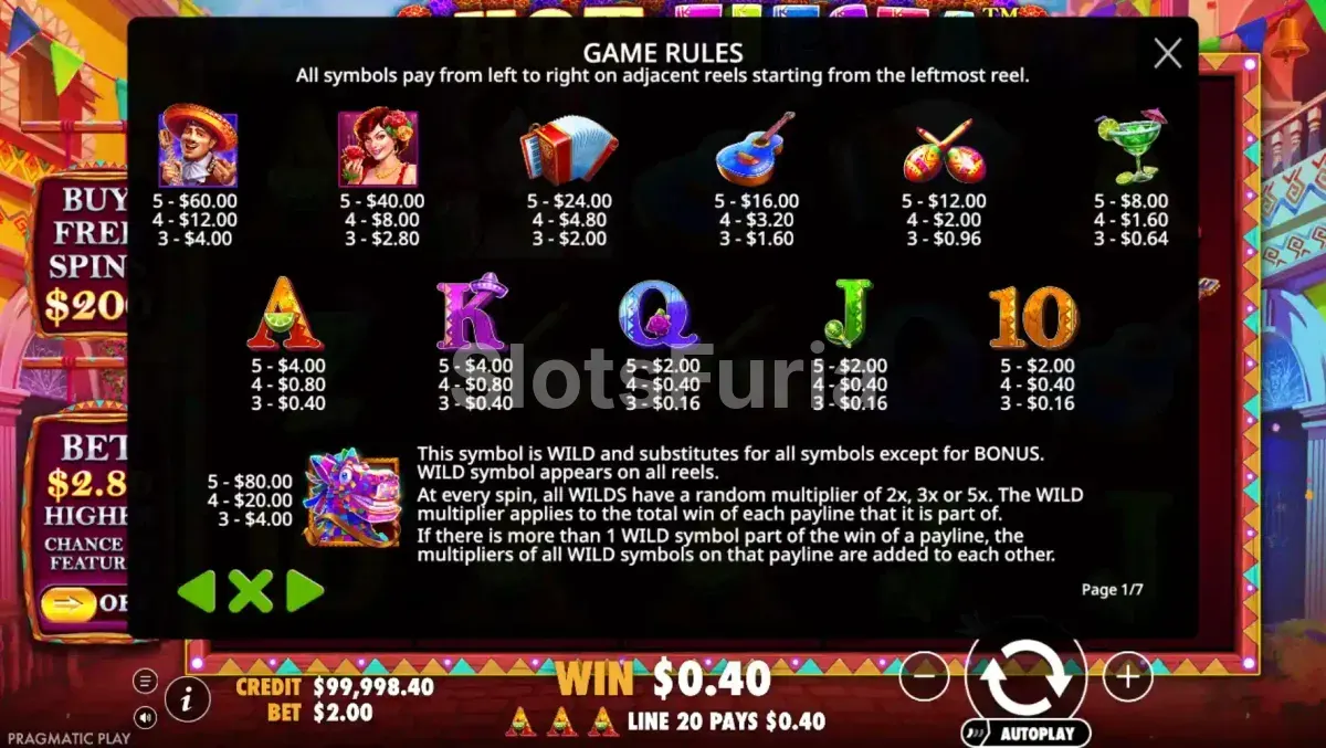 Tabla de pagos de Hot Fiesta con los seis símbolos premium