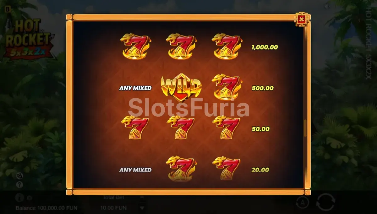 Tabla de pagos de Hot Rocket 5x 3x 2x con multiplicadores