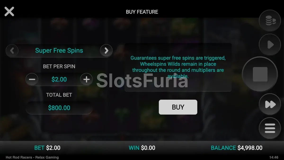 Opciones de compra de bonus en Hot Rod Racers de Relax Gaming