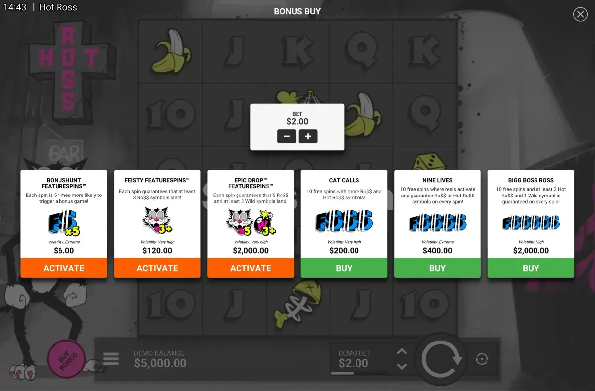 Interfaz de compra de bonos en Hot Ross de Hacksaw Gaming
