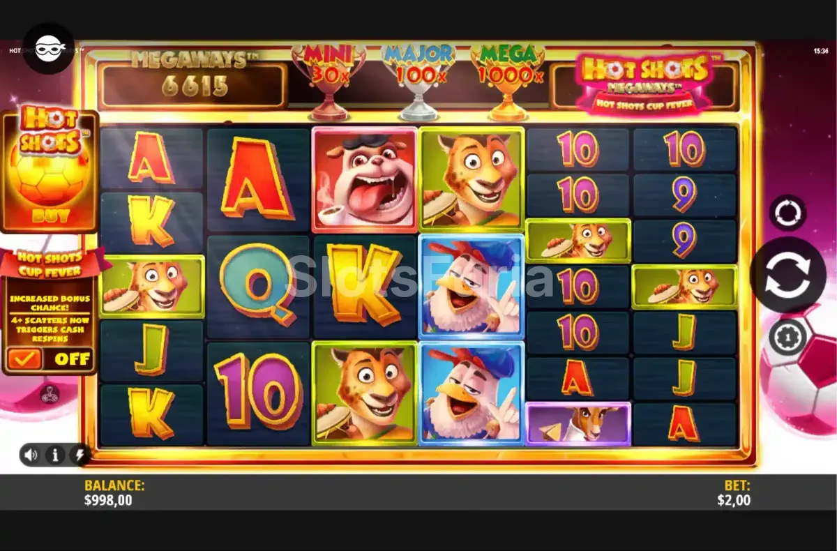 Juego base de Hot Shots Megaways con rodillos en acción