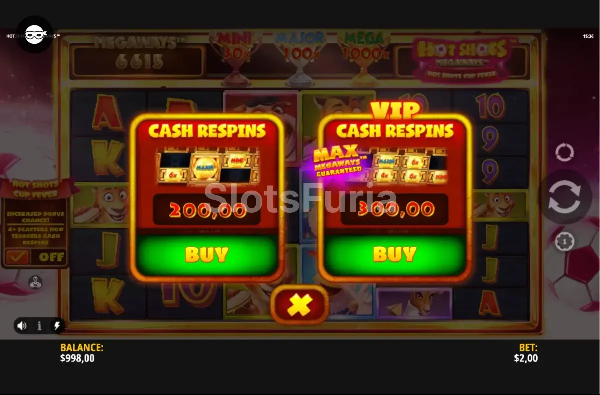 Función de compra de bonus en Hot Shots Megaways
