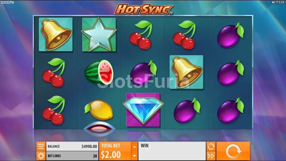 Vista del tablero principal de Hot Sync con sus símbolos de frutas en llamas