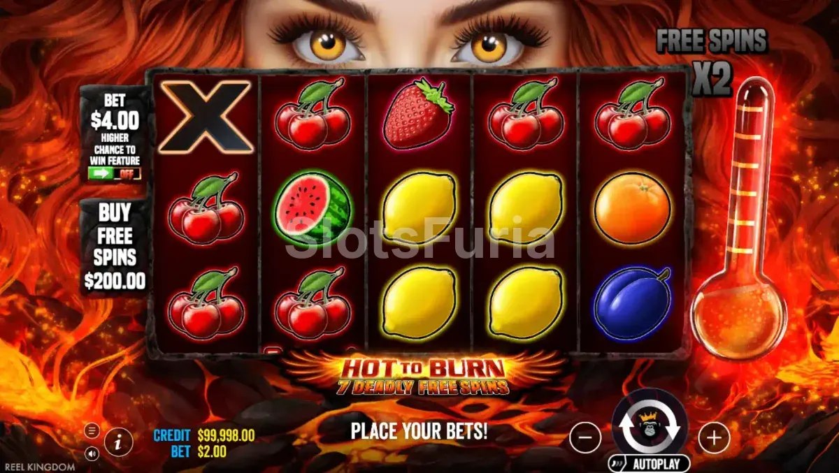 Juego base de Hot to Burn 7 Deadly Free Spins, tragamonedas de Reel Kingdom
