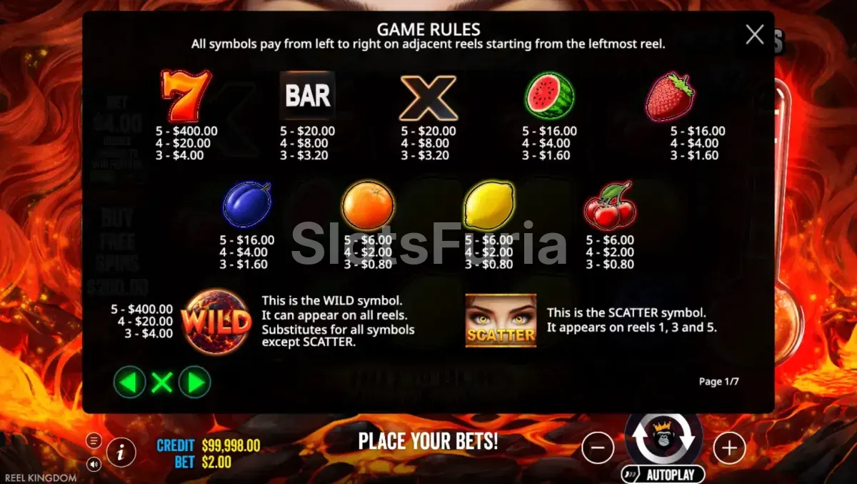 Tabla de pagos de Hot to Burn 7 Deadly Free Spins con todos los símbolos
