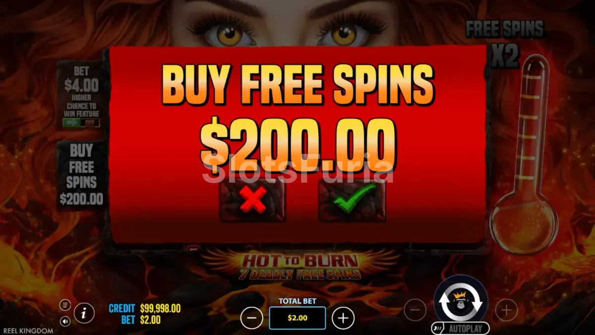 Pantalla de compra de bonus en Hot to Burn 7 Deadly Free Spins