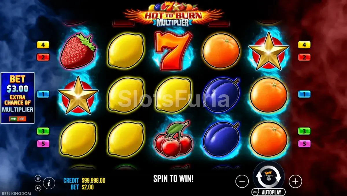 Pantalla principal de Hot to Burn Multiplier con los rodillos en acción