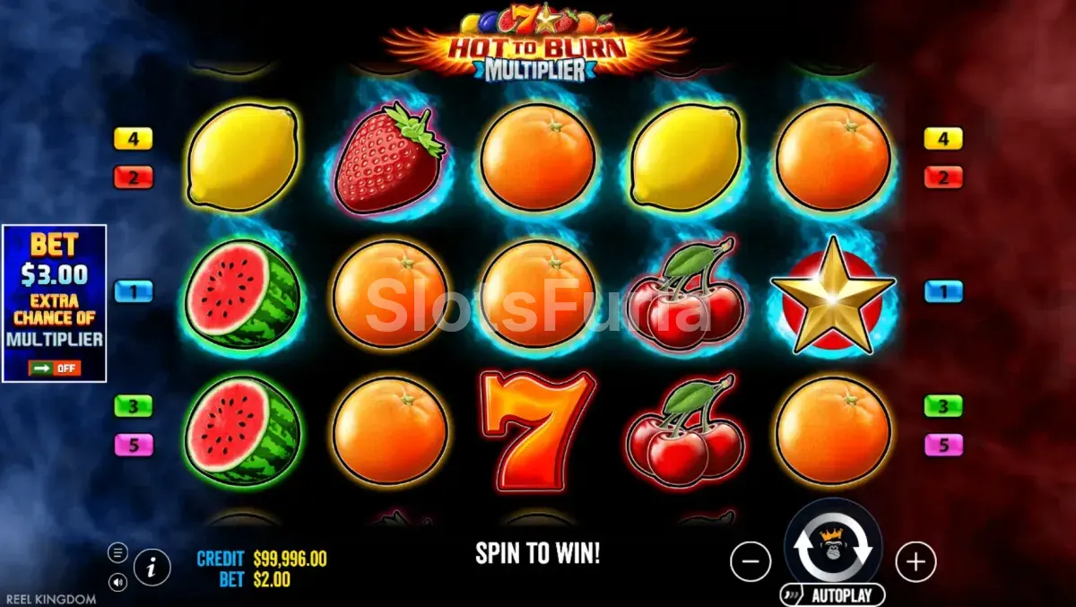 Segunda vista del juego base de Hot to Burn Multiplier mostrando los rodillos activos