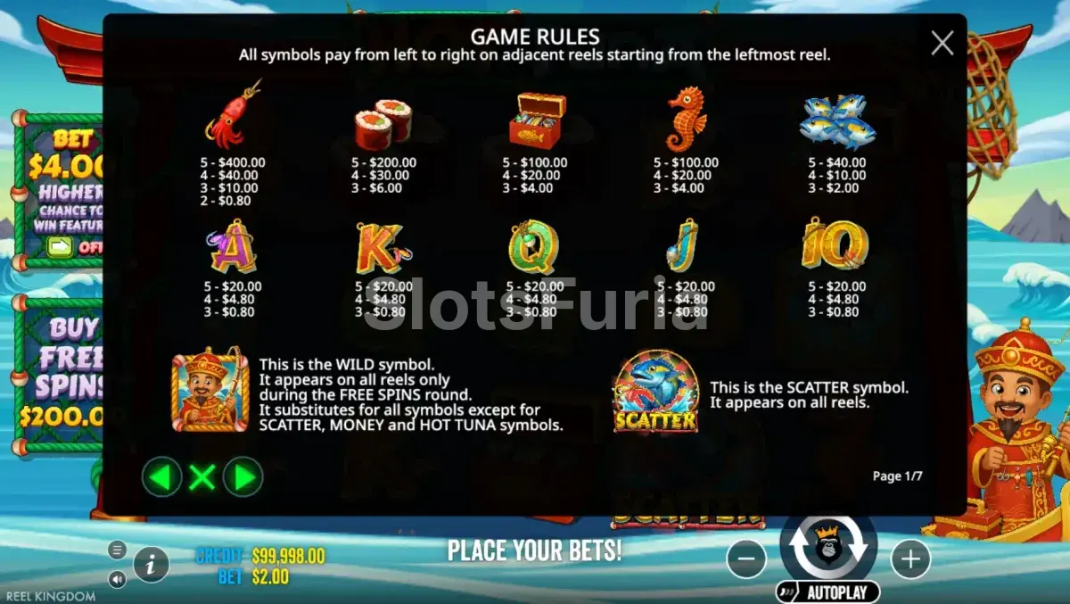 Tabla de pagos de Hot Tuna con los símbolos premium