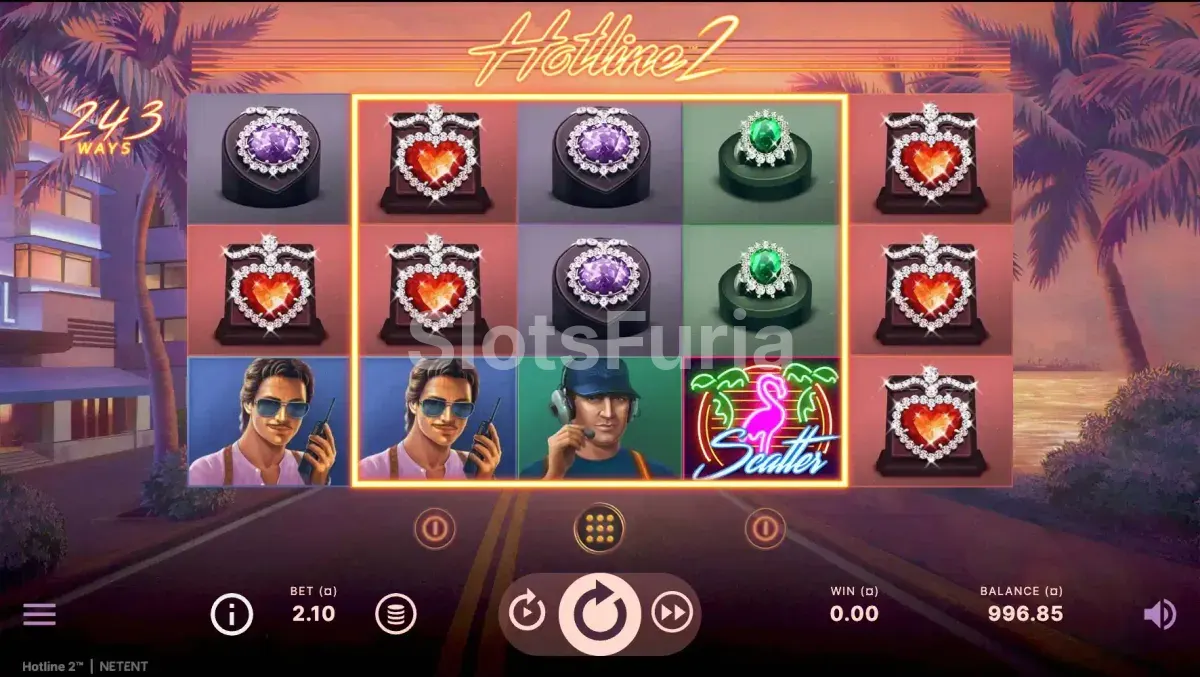 Pantalla principal de Hotline 2 con el ambiente de Miami de los años 80