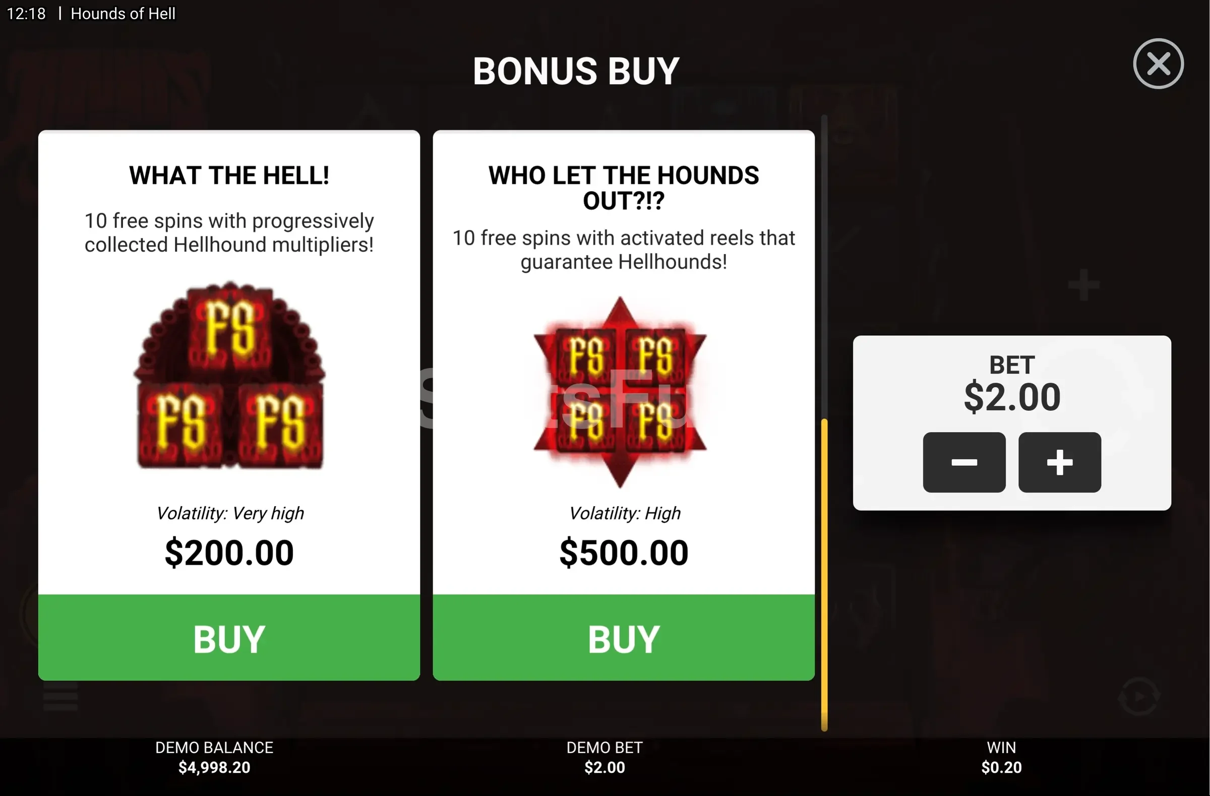 Pantalla de compra de bonus en Hounds of Hell de Hacksaw Gaming