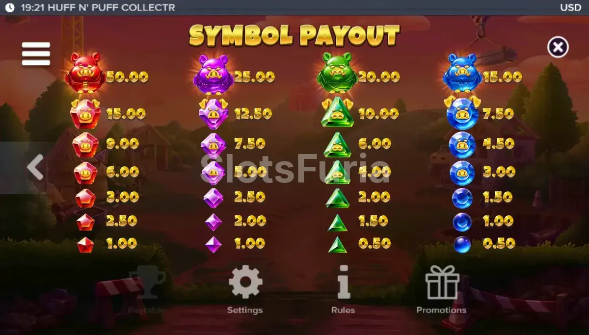 Tabla de pagos y símbolos de Huff N' Puff CollectR