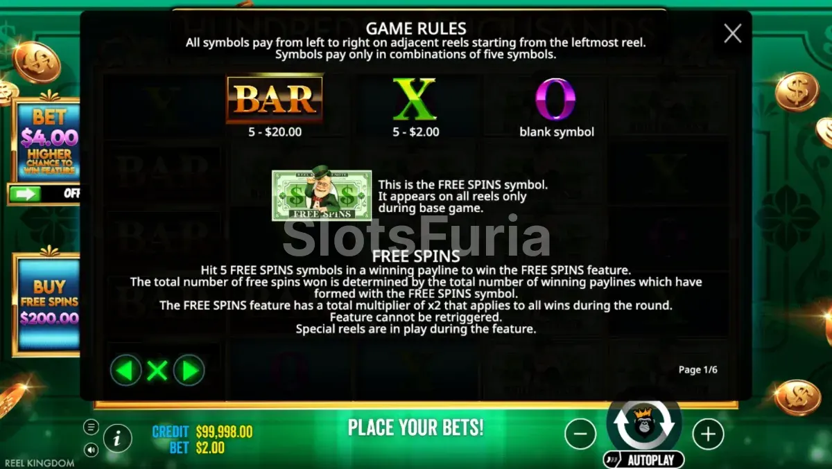 Tabla de pagos de Hundreds and Thousands con símbolos X y Barra