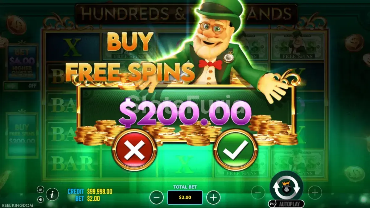 Pantalla de compra de bonus en Hundreds and Thousands de Reel Kingdom
