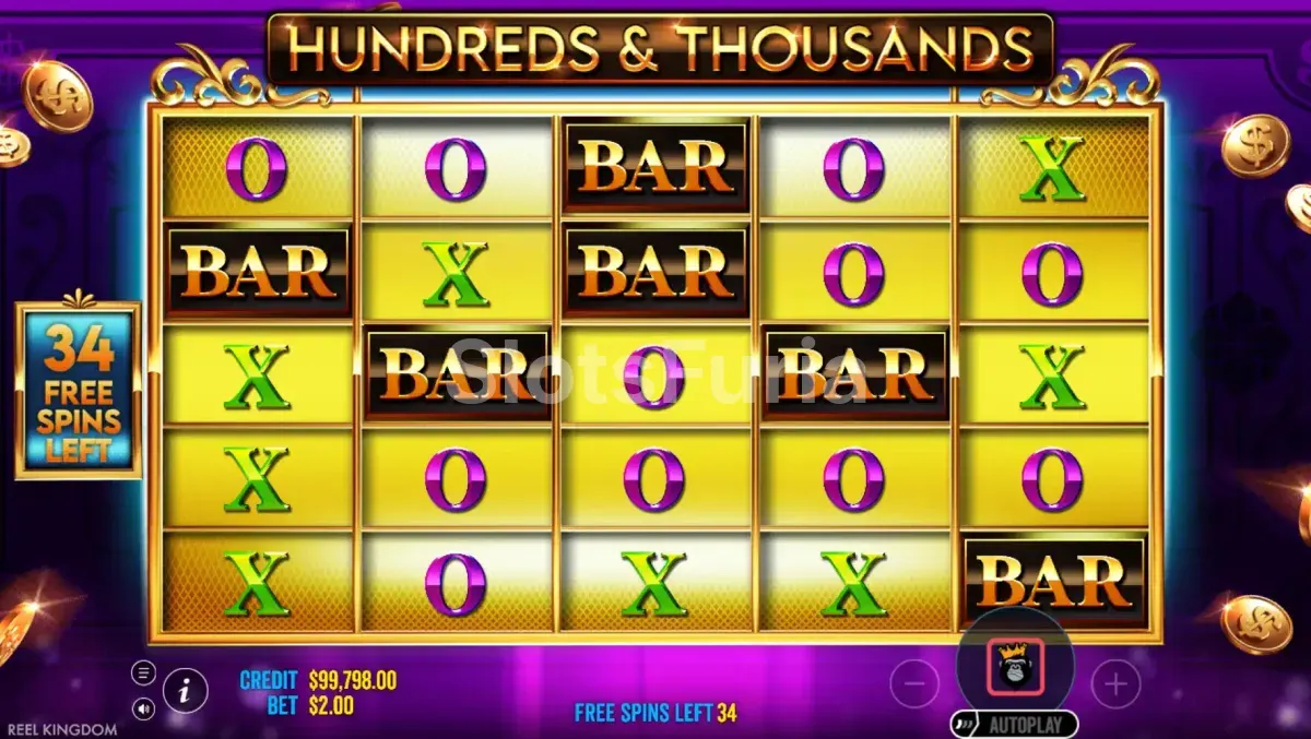 Ronda de giros gratuitos de Hundreds and Thousands con multiplicador x2 y fondo violeta