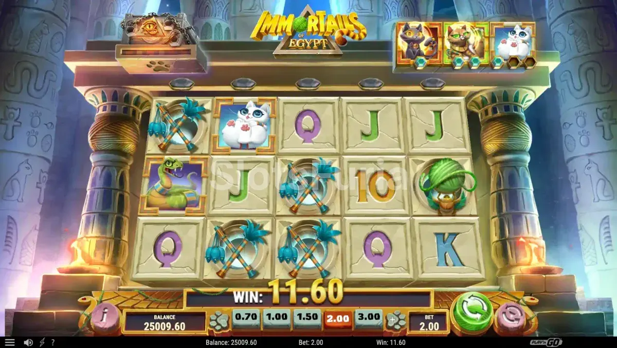 Pantalla principal del juego Immortails of Egypt con el tablero de 5 rodillos