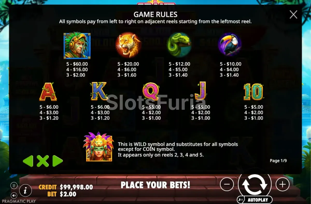 Tabla de pagos de Inca Queen con todos los símbolos y multiplicadores