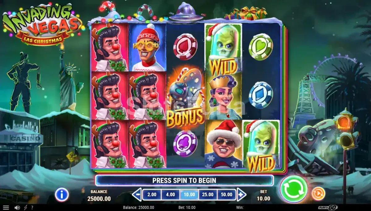 Pantalla principal del juego Invading Vegas Las Christmas con temática navideña alienígena