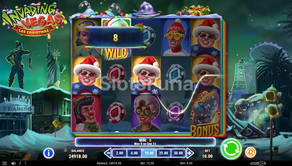 Resultado de giro con Wild Caminante activo en Invading Vegas Las Christmas