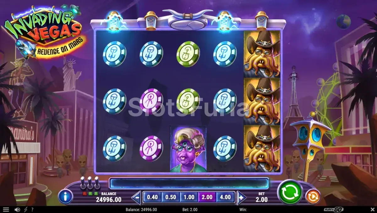 Segunda vista del juego base de Invading Vegas Revenge on Mars con símbolos apilados
