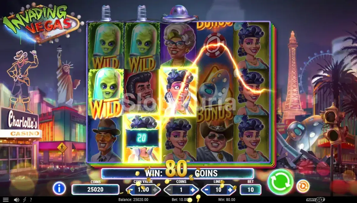 Resultado de giro en Invading Vegas mostrando walking wilds en acción