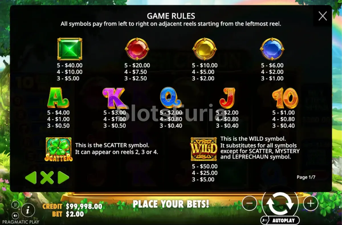 Tabla de pagos de Irish Crown mostrando los símbolos y multiplicadores