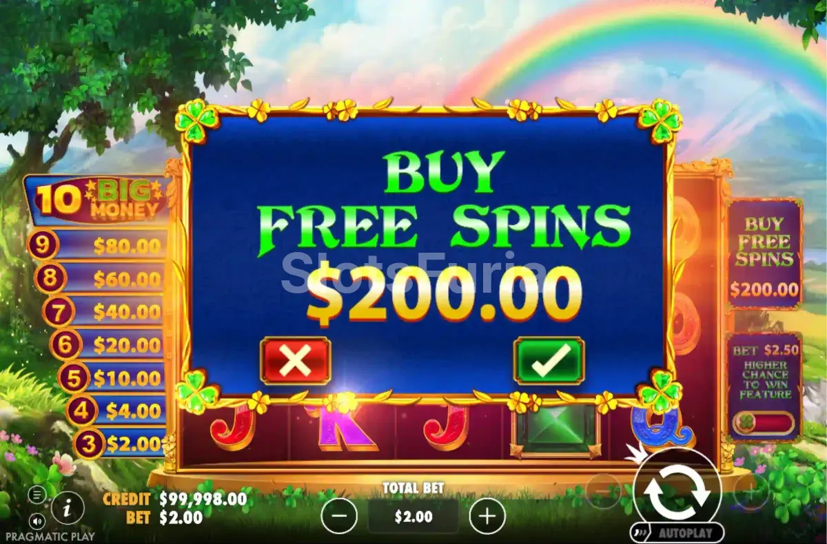 Pantalla de compra de bonus en Irish Crown de Pragmatic Play
