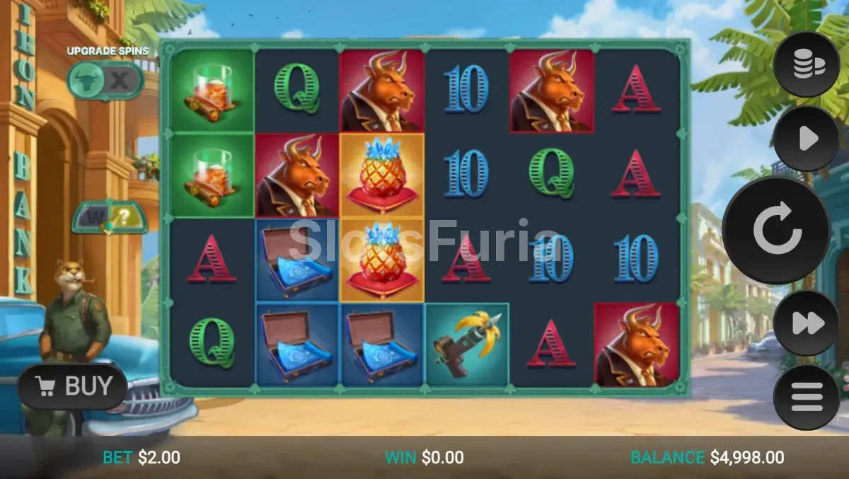 Pantalla principal de Iron Bank 2 con los 6 carretes y el Iron Bank a la izquierda