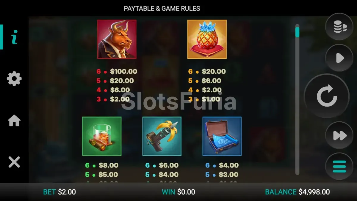 Tabla de pagos de Iron Bank 2 con símbolos y multiplicadores