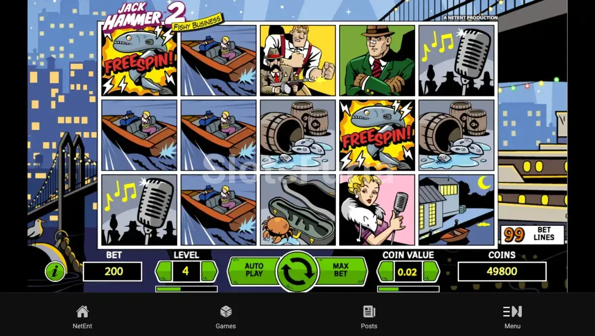 Pantalla principal de la tragamonedas Jack Hammer 2 con su ambientación noir