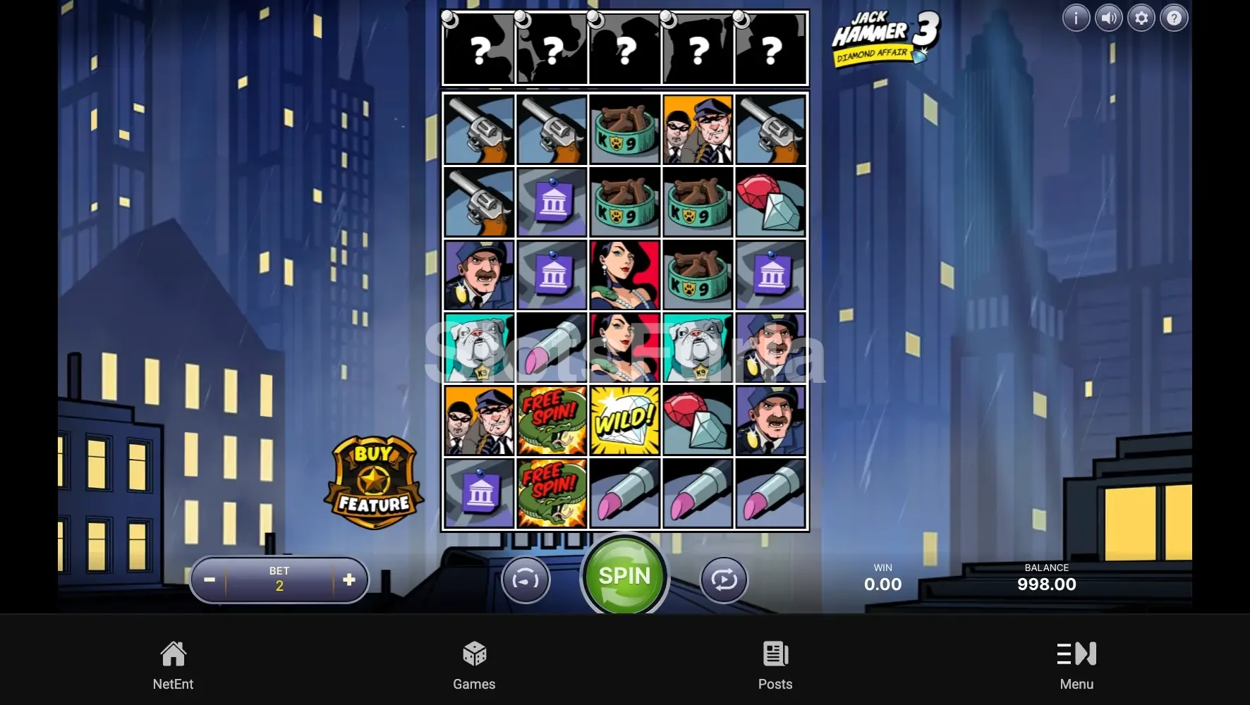 Pantalla principal del juego Jack Hammer 3 con la ciudad noir de fondo