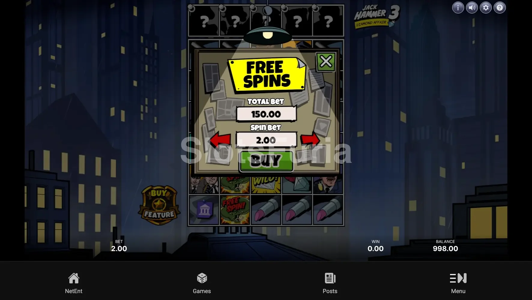 Pantalla de compra de bonus en la tragamonedas Jack Hammer 3