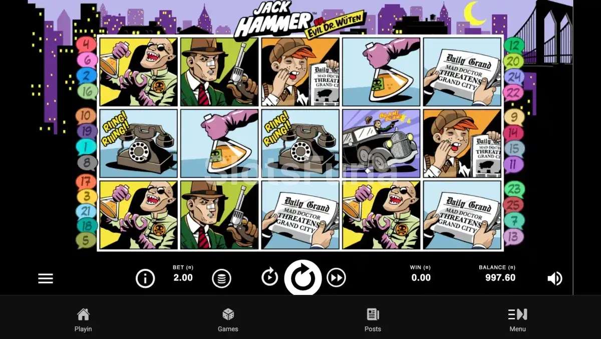 Pantalla principal de la tragamonedas Jack Hammer con el detective en acción