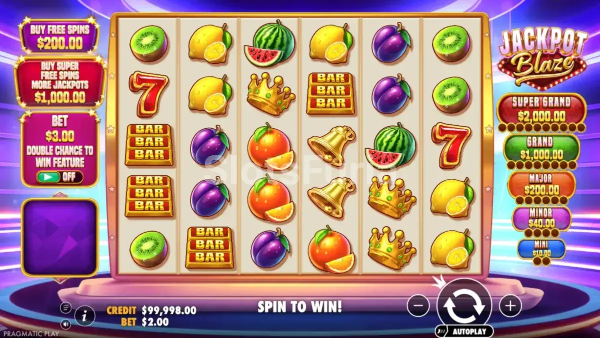 Pantalla principal de Jackpot Blaze con la rejilla 6x5 y símbolos retro