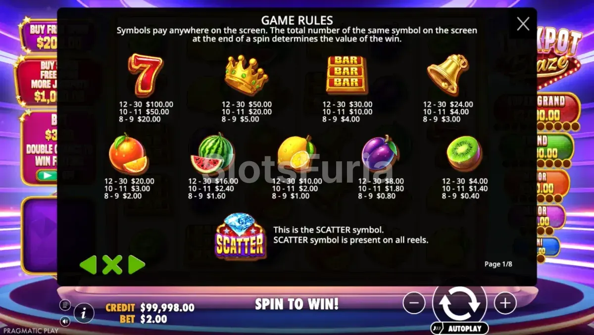 Tabla de pagos de Jackpot Blaze con todos los símbolos y sus valores
