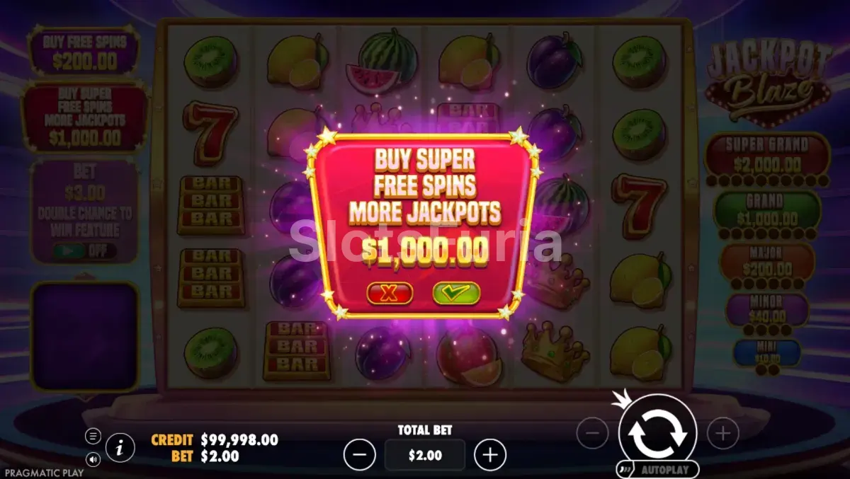 Pantalla de compra de bono en Jackpot Blaze con las dos opciones disponibles