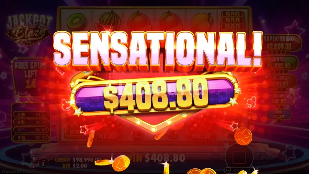 Gran victoria en Jackpot Blaze mostrando el potencial de pago máximo