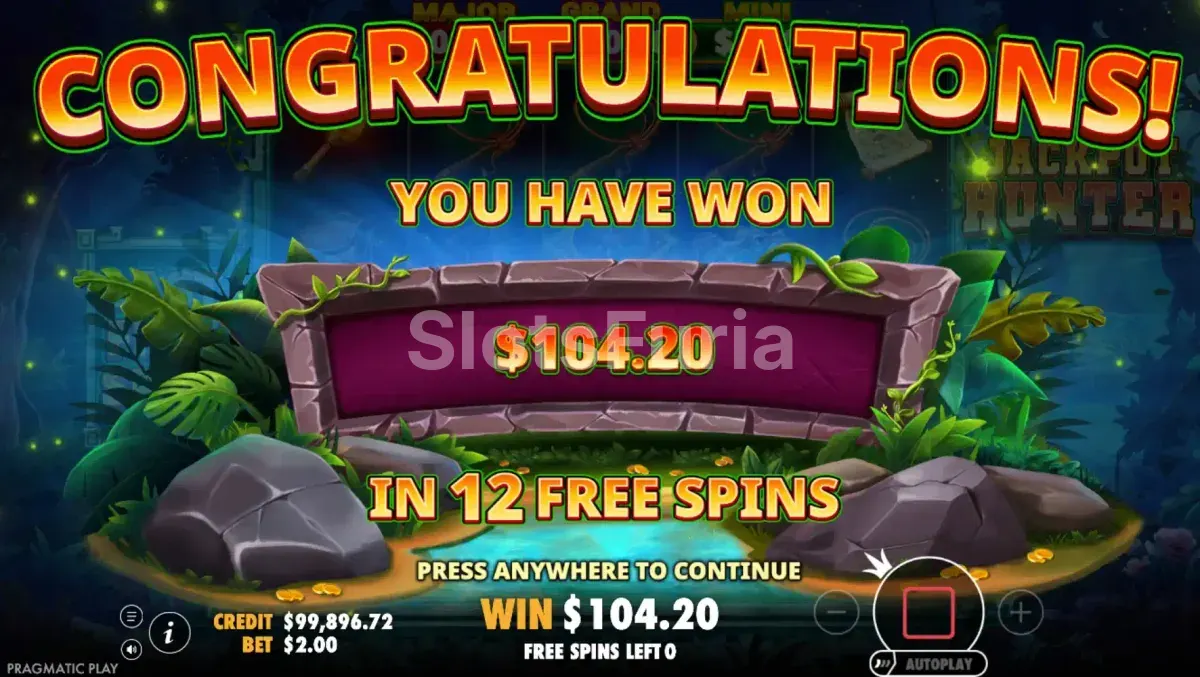 Gran victoria en Jackpot Hunter mostrando la pantalla de big win