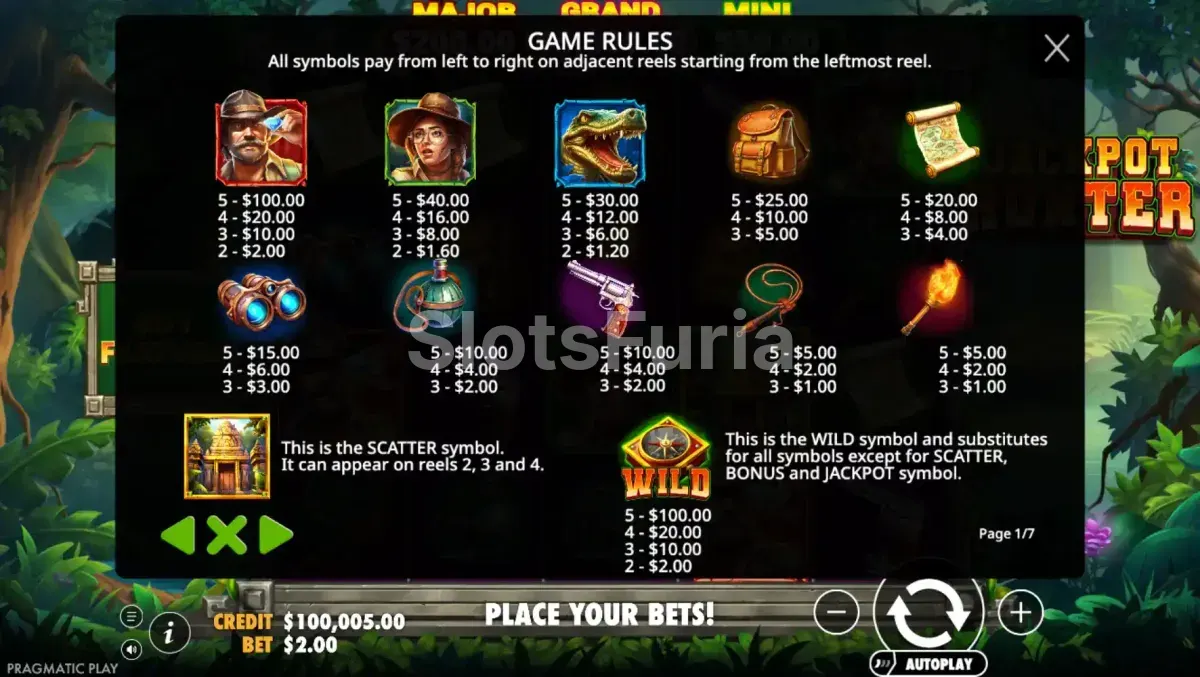 Tabla de pagos de Jackpot Hunter con todos los símbolos
