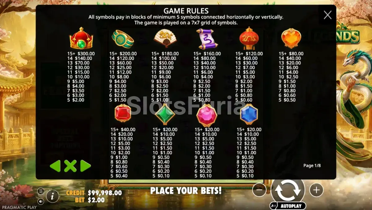 Tabla de pagos de Jade Legends con símbolos y valores de clústeres