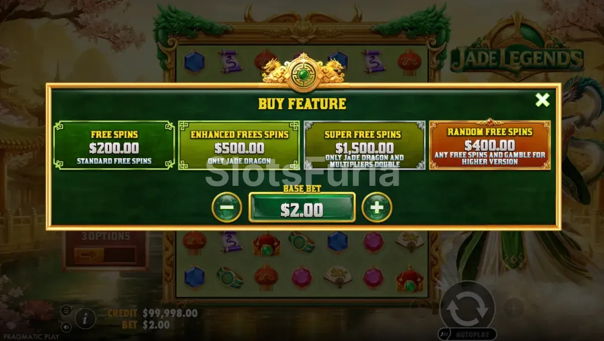 Menú de compra de bonos de Jade Legends con todas las opciones disponibles