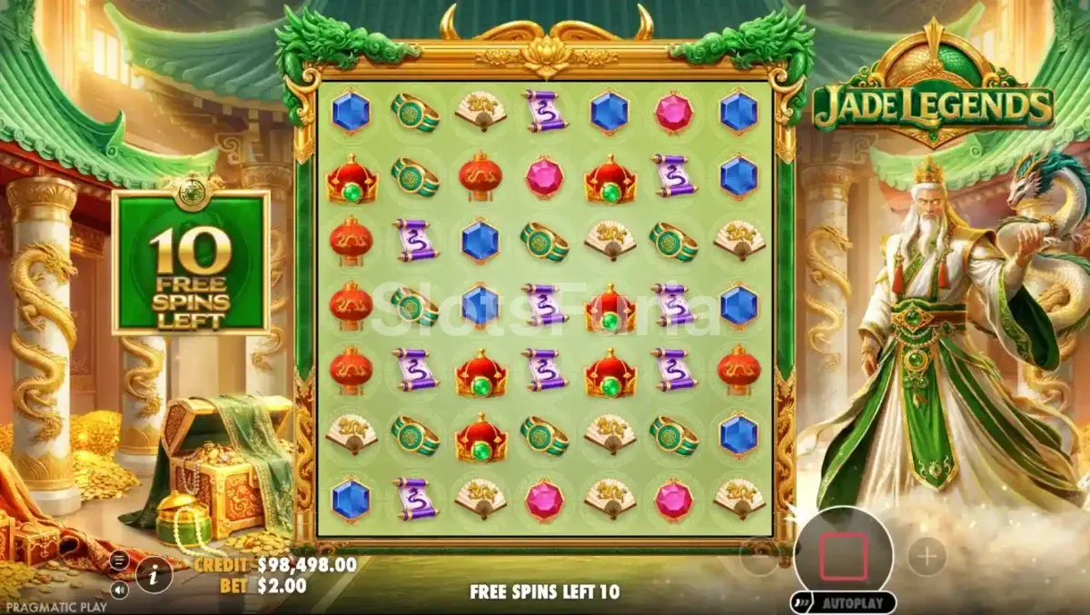 Ronda de giros gratuitos de Jade Legends con posiciones marcadas y multiplicadores activos