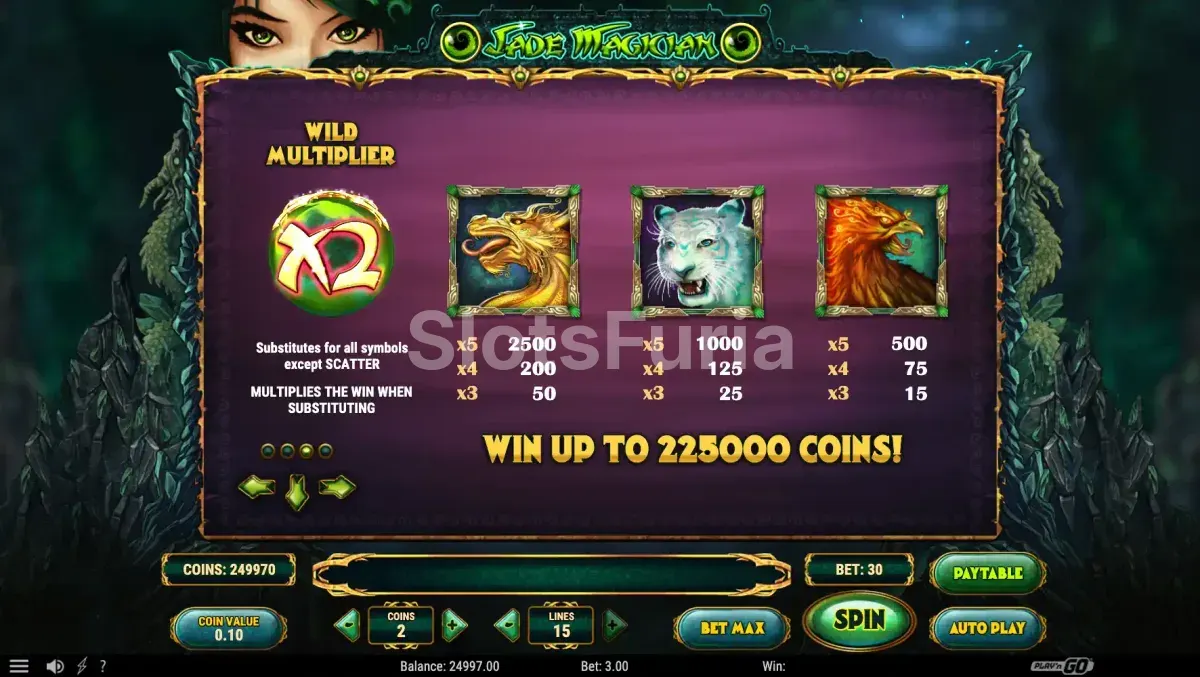 Tabla de pagos de Jade Magician con los símbolos y sus valores