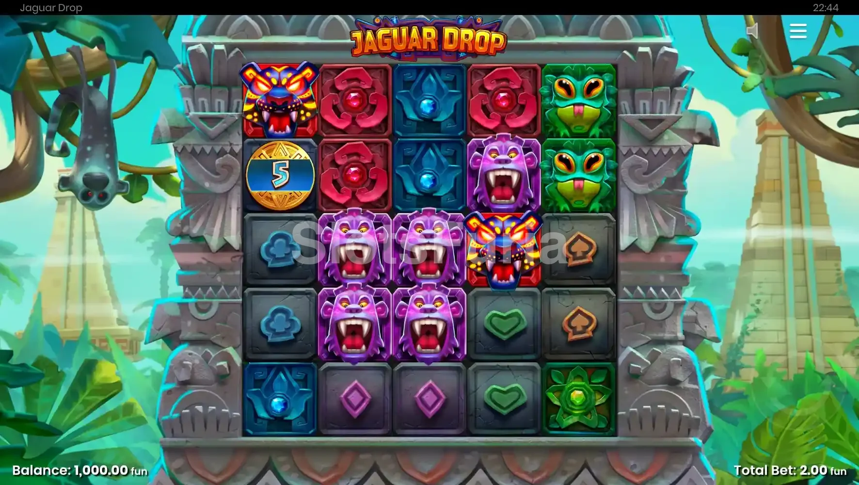 Segunda vista del juego base de Jaguar Drop mostrando cascadas y símbolos especiales
