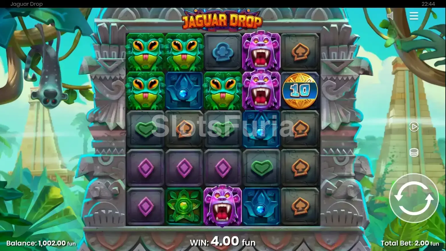 Juego base de Jaguar Drop con la cuadrícula 5x5 en acción