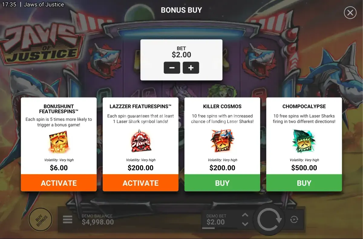 Pantalla de compra de bonus disponible en Jaws of Justice