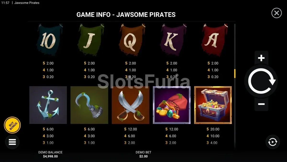 Tabla de pagos de Jawsome Pirates con símbolos y valores